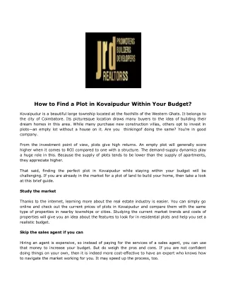How to Find a Plot in Kovaipudur Within Your Budget?