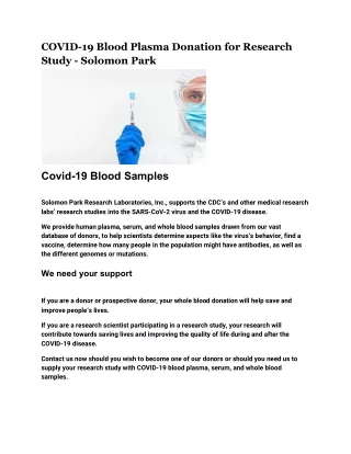 COVID-19 Blood Plasma Donation for Research Study - Solomon Park