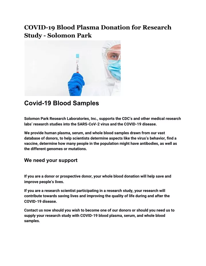 covid 19 blood plasma donation for research study