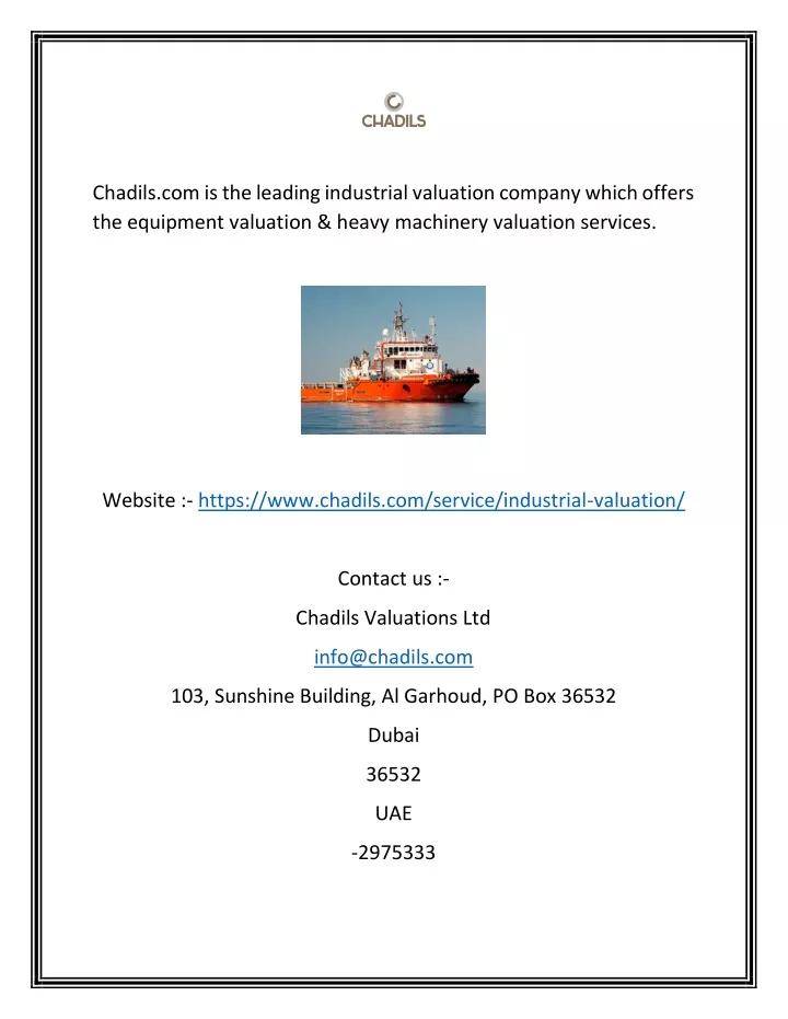 chadils com is the leading industrial valuation