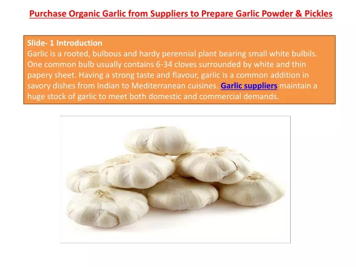 purchase organic garlic from suppliers to prepare garlic powder pickles