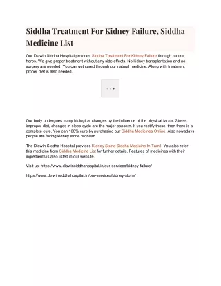 Siddha Treatment For Kidney Failure, Siddha Medicine List