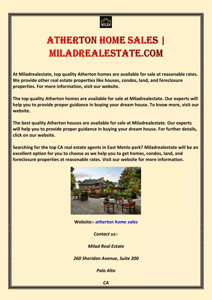 at miladrealestate top quality atherton homes
