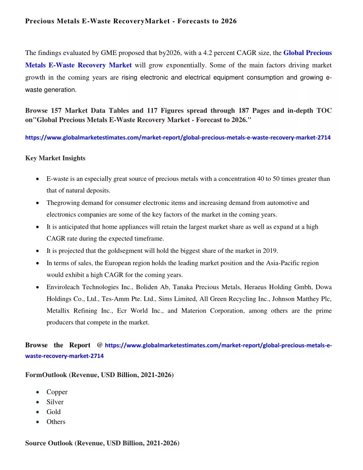 precious metals e waste recoverymarket forecasts