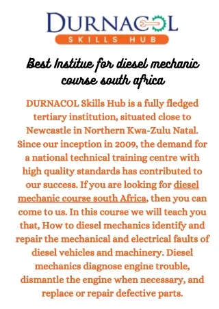Best Institue for diesel mechanic course South Africa