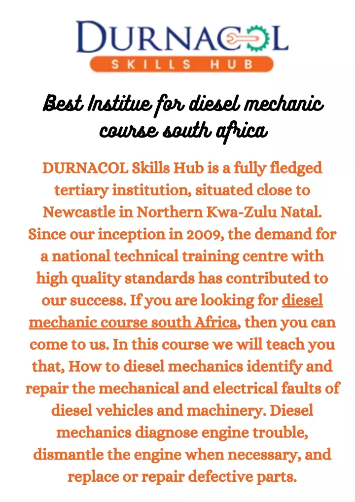 best institue for diesel mechanic course south