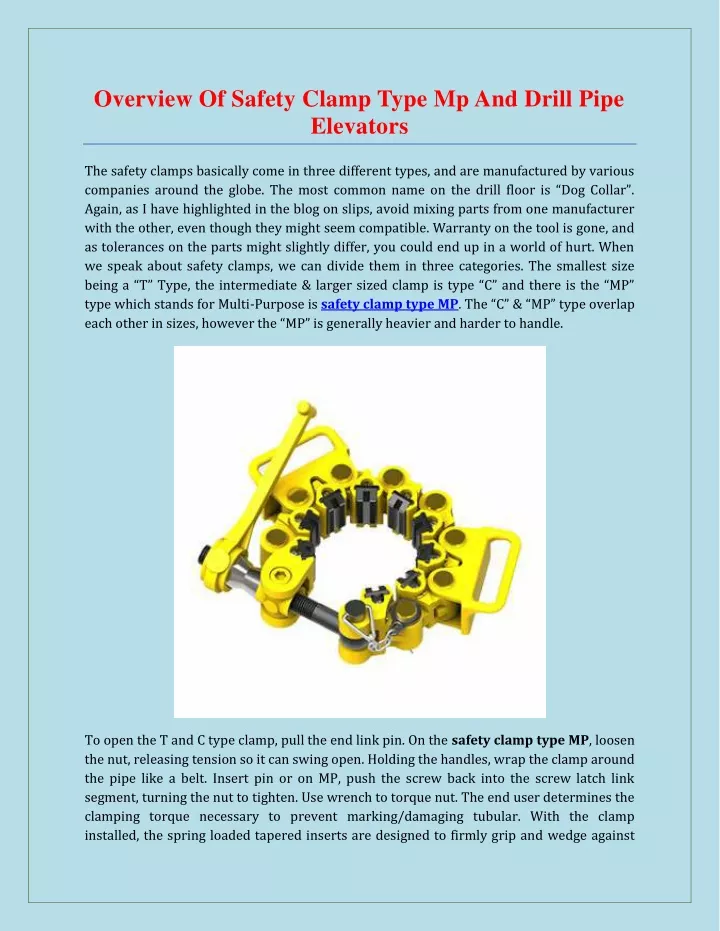 overview of safety clamp type mp and drill pipe