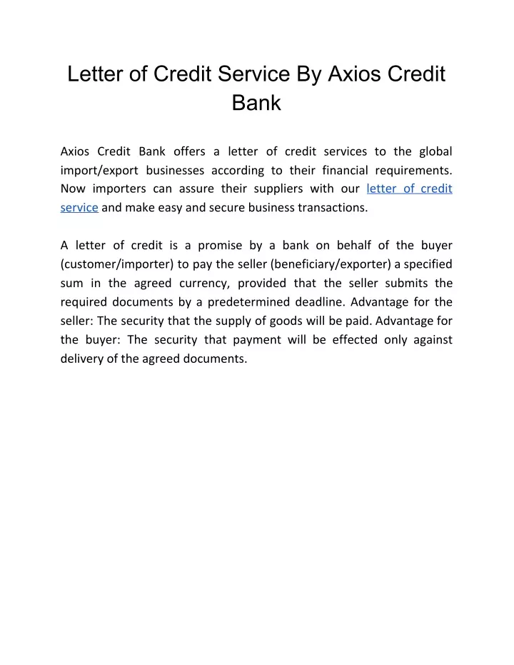letter of credit service by axios credit bank