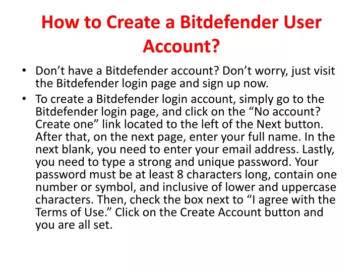 how to create a bitdefender user account