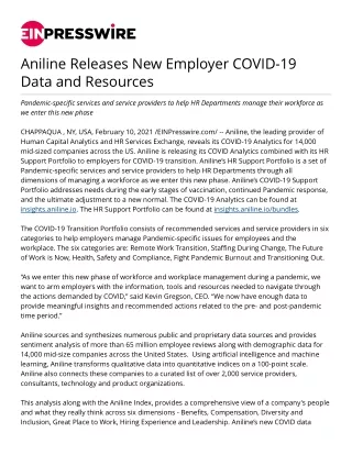 Aniline Releases New Employer COVID-19 Data and Resources