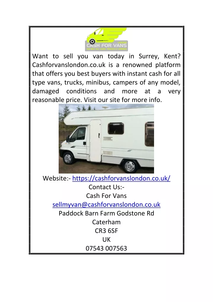 want to sell you van today in surrey kent