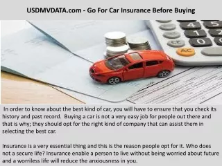 USDMVDATA.com - Go For Car Insurance Before Buying