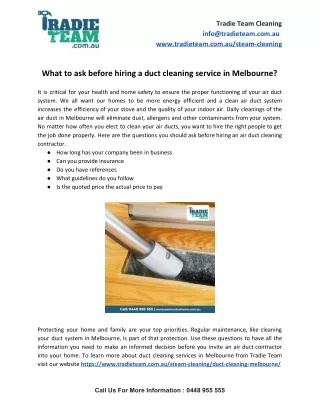 What to ask before hiring a duct cleaning service in Melbourne?