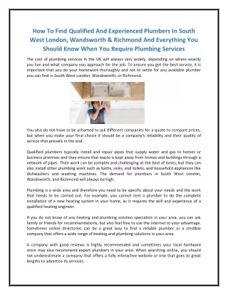 How To Find Qualified And Experienced Plumbers In South West London, Wandsworth & Richmond And Everything You Should Kno