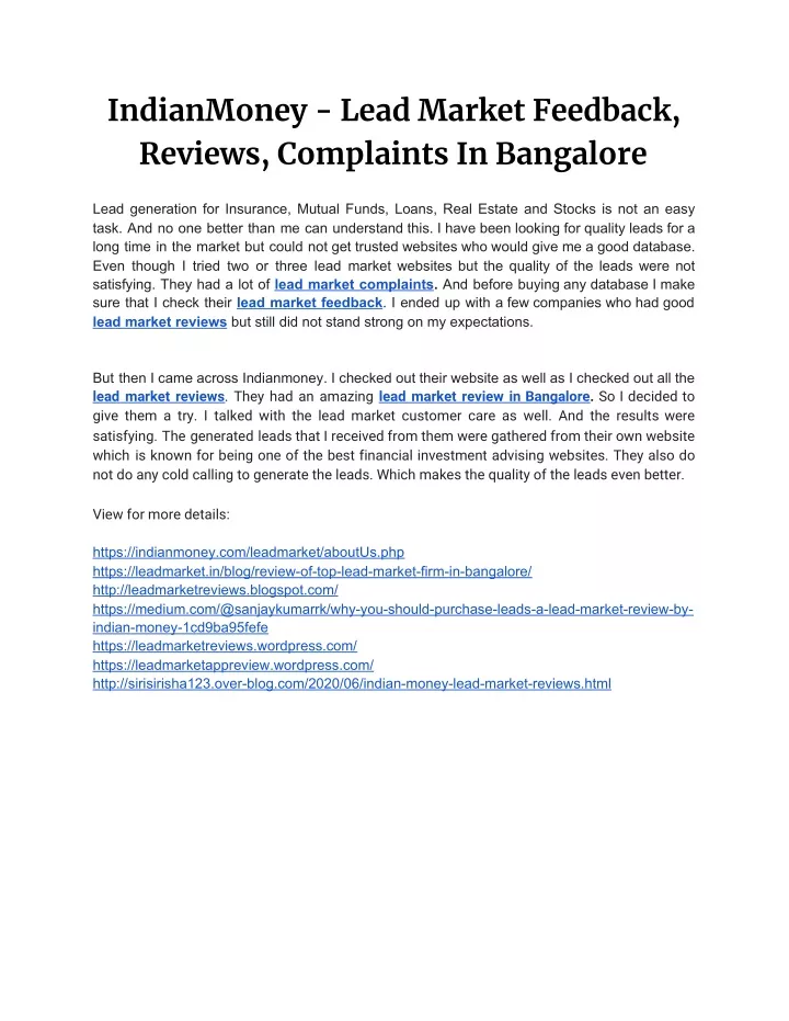 indianmoney lead market feedback reviews