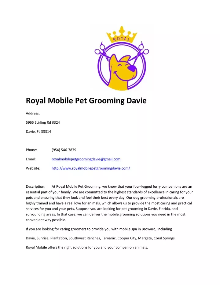 royal mobile pet grooming davie