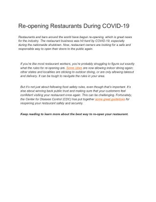Re-opening Restaurants During COVID-19