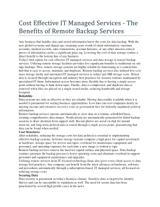 Cost Effective IT Managed Services - The Benefits of Remote Backup Services