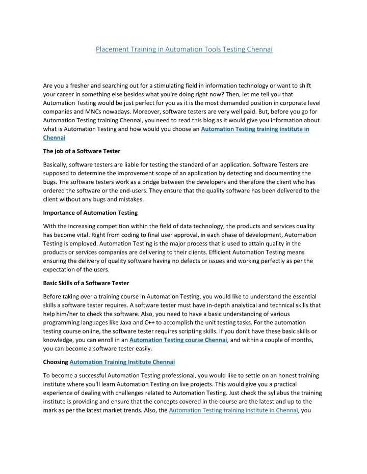 placement training in automation tools testing