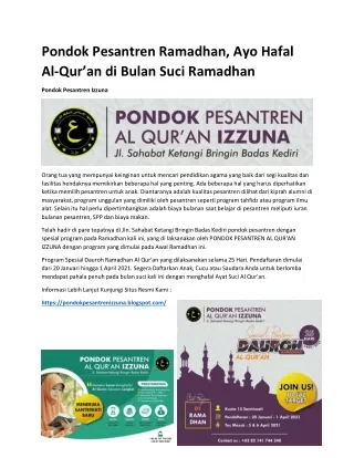 Pondok Pesantren Ramadhan, Ayo Hafal Al-Qur'an di Bulan Suci Ramadhan