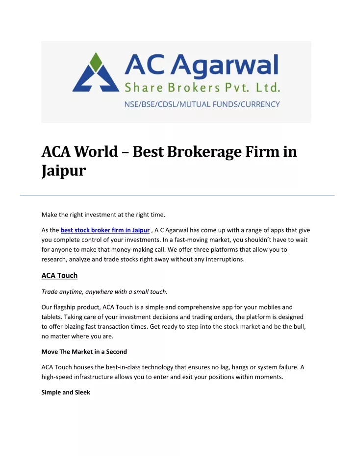 aca world best brokerage firm in jaipur