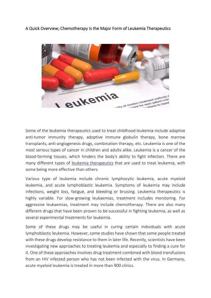 a quick overview chemotherapy is the major form