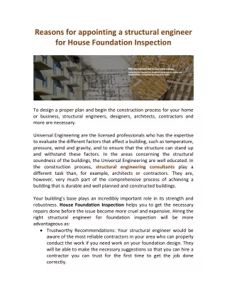 Reasons for appointing a structural engineer for House Foundation Inspection