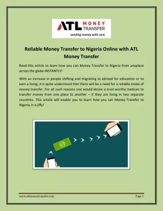 Reliable Money Transfer to Nigeria Online with ATL Money Transfer