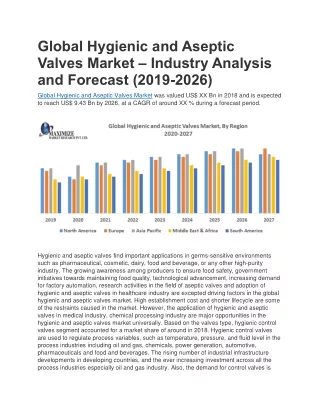 Global Hygienic and Aseptic Valves Market – Industry Analysis and Forecast (2019-2026)