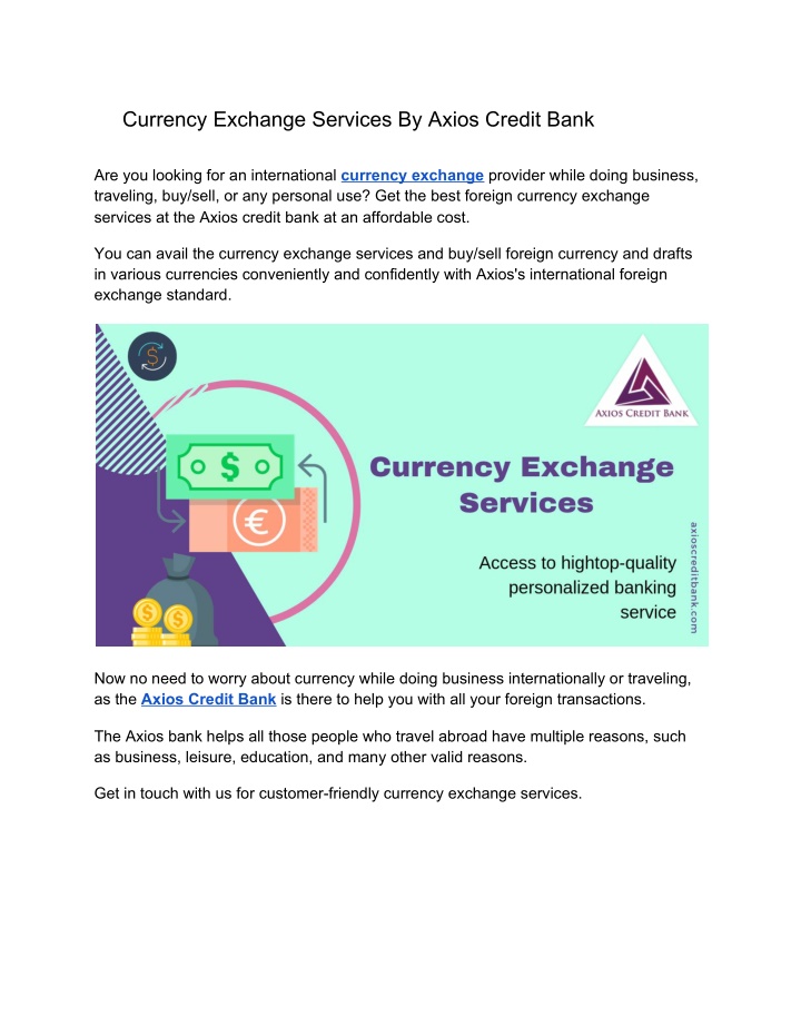 currency exchange services by axios credit bank