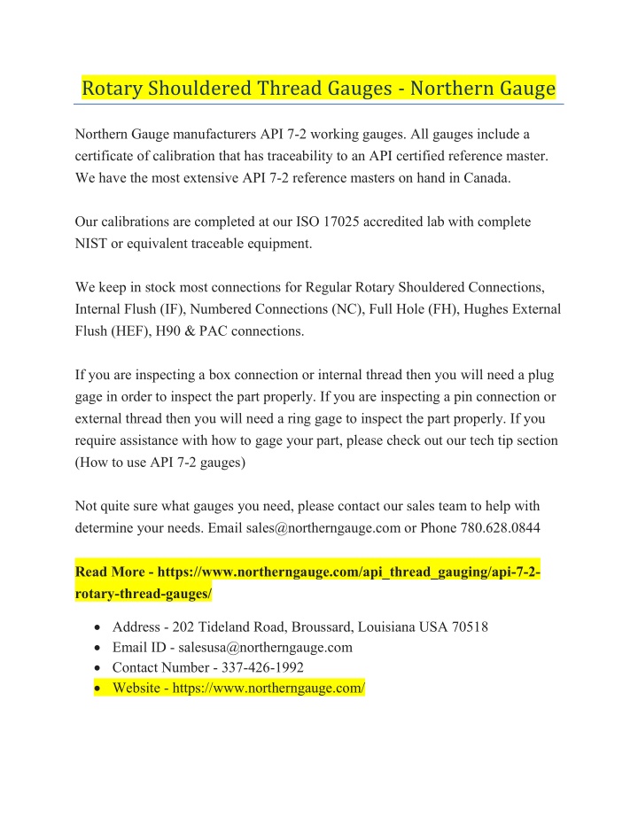 rotary shouldered thread gauges northern gauge