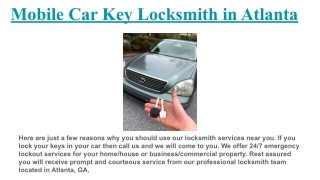 Mobile Car Key Locksmith in Atlanta