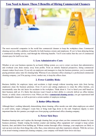 You Need to Know These 5 Benefits of Hiring Commercial Cleaners