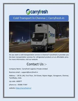 Cold Transport In Chennai | Carryfresh.in