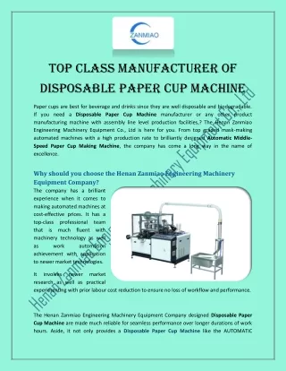 Top Class Manufacturer of Disposable Paper Cup Machine