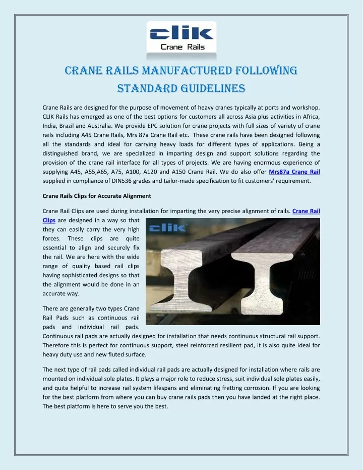 crane rails manufactured following standard
