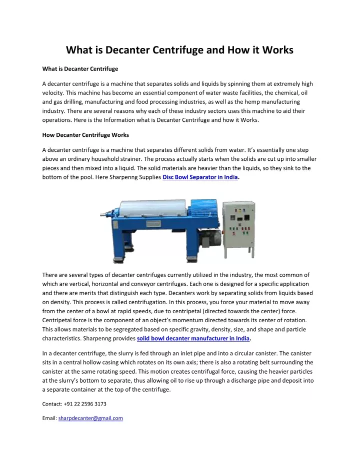 what is decanter centrifuge and how it works