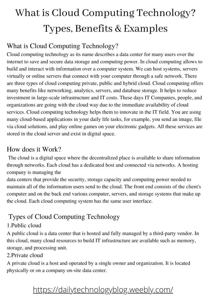 what is cloud computing technology types benefits