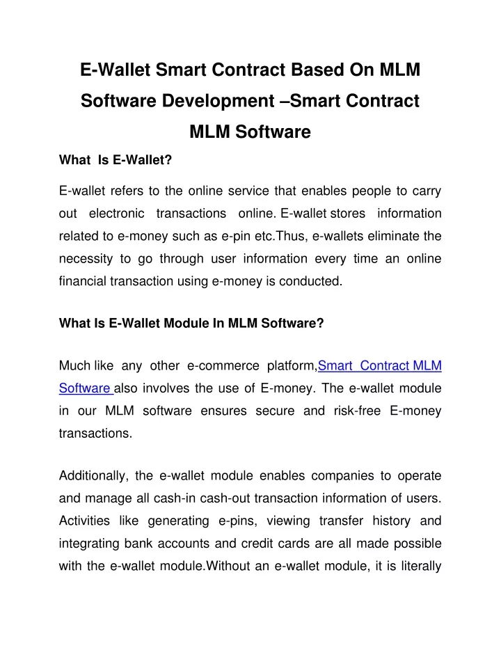 e wallet smart contract based on mlm