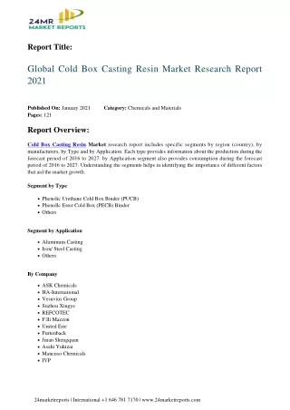 Cold Box Casting Resin Market Research Report 2021