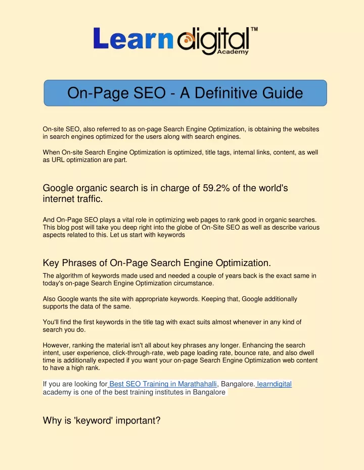 on site seo also referred to as on page search