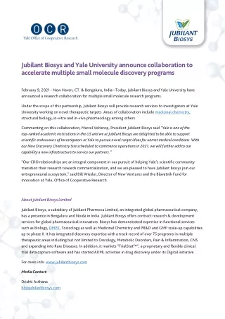 Jubilant Biosys & Yale University Collaboration 2021