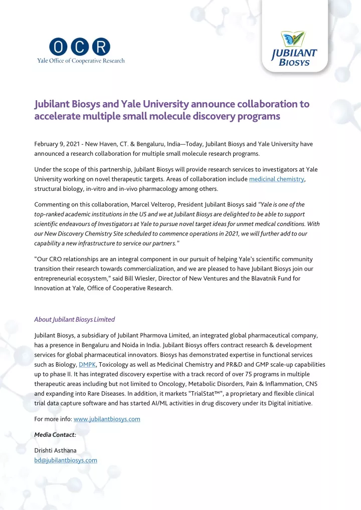 jubilant biosys and yale university announce
