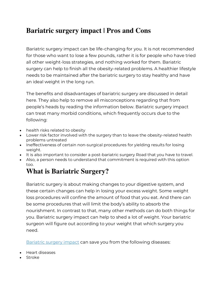 bariatric surgery impact pros and cons