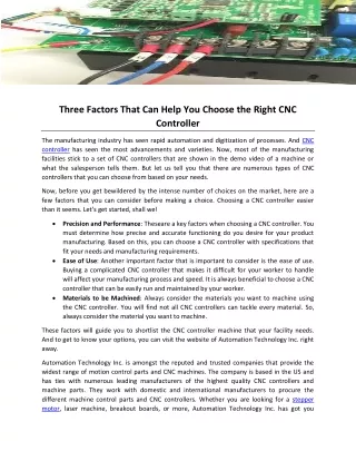 Three Factors That Can Help You Choose the Right CNC Controller