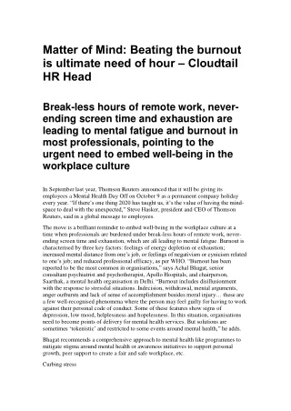 Matter of Mind: Beating the burnout is ultimate need of hour – Cloudtail HR Head