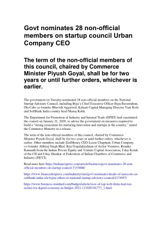 Govt nominates 28 non-official members on startup council Urban Company CEO