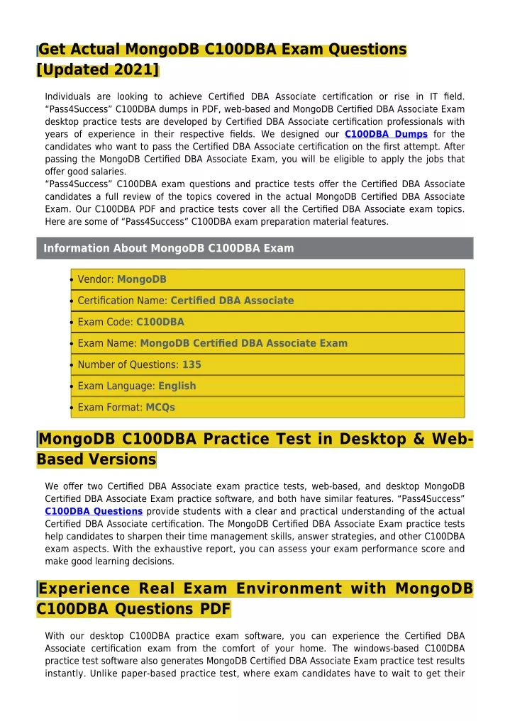 get actual mongodb c100dba exam questions updated