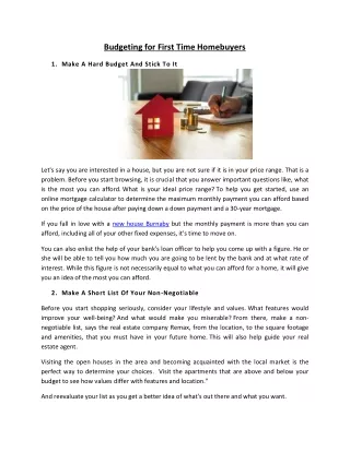 Budgeting for First Time Homebuyers