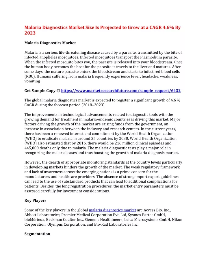 malaria diagnostics market size is projected